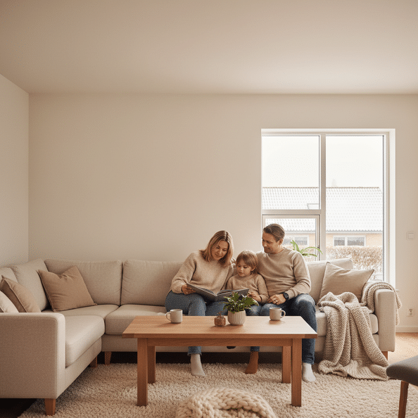 Familie sidder sammen i en sofa og læser en bog i en hyggelig stue.