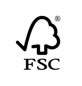 Sort og hvidt logo for FSC-certificering med et stiliseret træ og bogstaverne FSC.